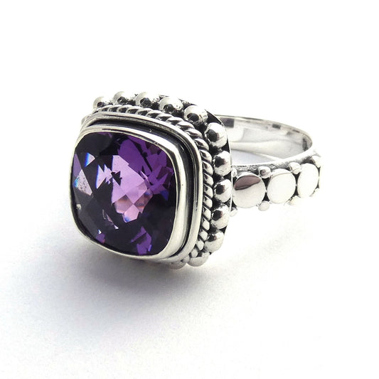 Sterling silver and amethyst Bali ring.