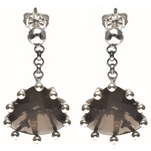 Silver earrings with triangle-shape smoky topaz stones.